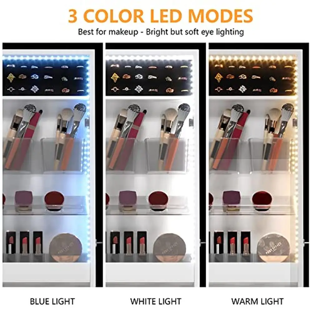 LED-Lichter abschließbare Schmuck Schrank Veranstalter Spiegel über Tür Lagerung weiß Veranstalter Make-up-Halter sicheren Raum voll hängen