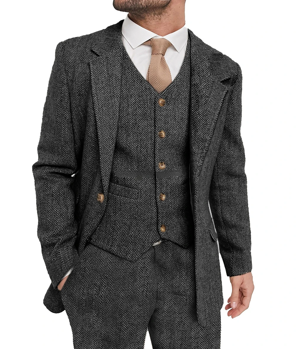 Customized Men's 3 Piece Tweed Suit Notched Lapel Herringbone Blazer Vest And Pants Set for Elegant Wedding Dress Code