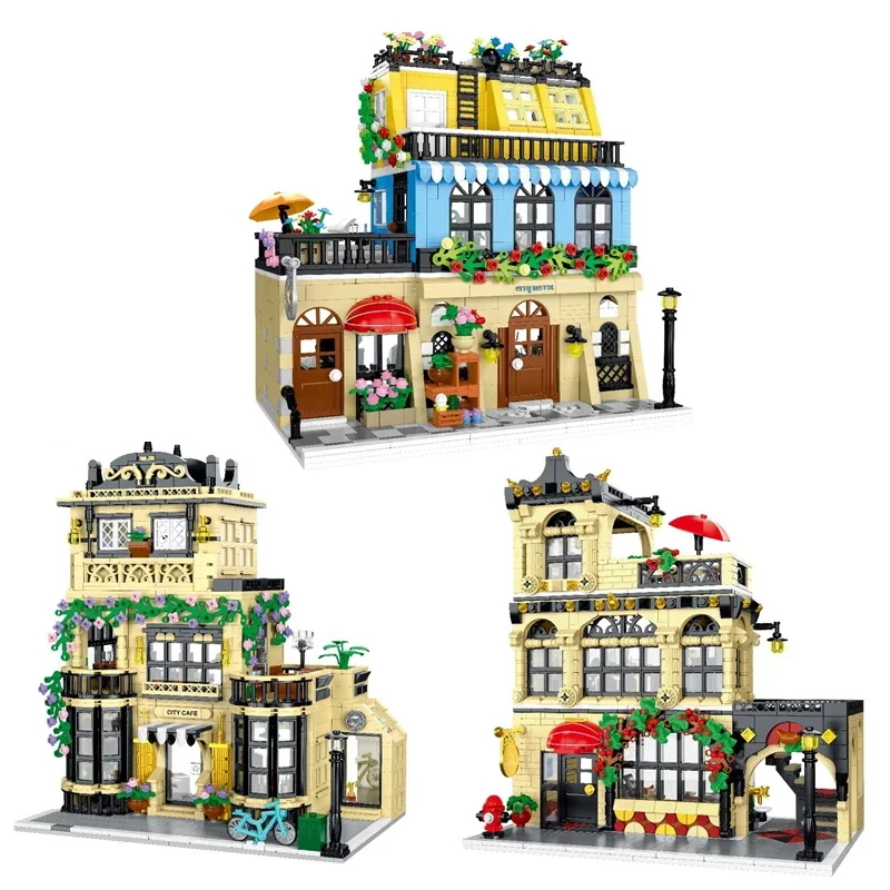 City Street Scene MOC XMORK 200113 200114 200115 City Cafe Restaurant Hotel Building Blocks Brick Module Puzzle Toys for Gift