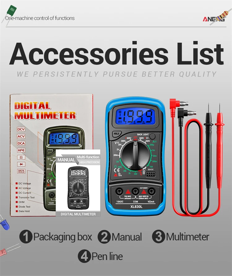 ANENG XL830L-1 Multimeter ABS Silikon 1999 Messwerte AC DC Volt Ohm Dioden HFE Tester Hintergrundbeleuchtung Piepton Datenhaltefunktion Niedrigenergie-Warner – Detail 12