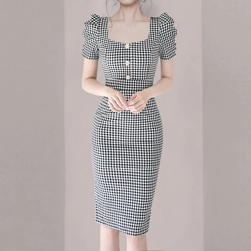 2022 Elegant Slim Formal Office Lady Work Bag Hip Dress Plaid Square-Collar Puff Sleeve Bodycon Temperament Commute Dress Summer