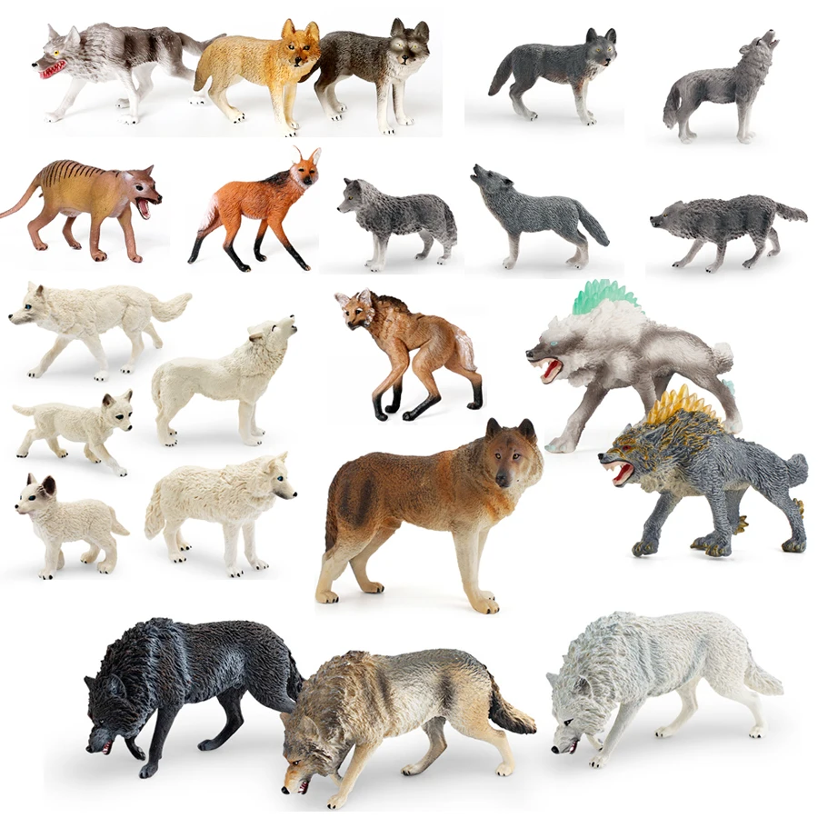 Figuras de acción realistas de animales salvajes, lobo ártico, Thylacine Gorgonops, modelo de lobo ganado, juguetes de animales del bosque de la jungla para niños
