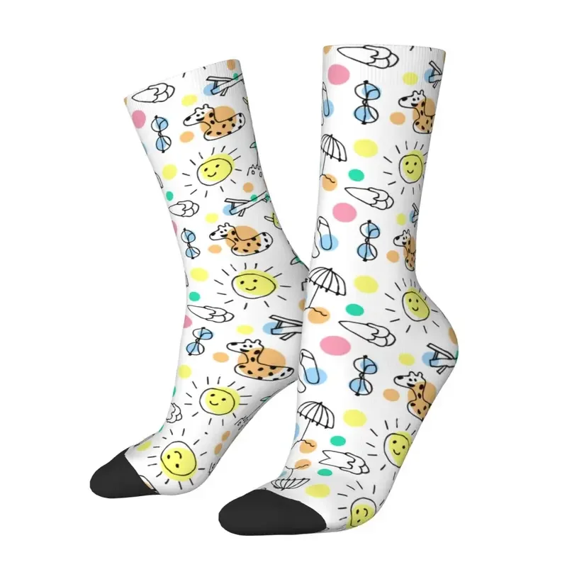 Doodle Background Pattern With Giraffe Starfish Sun Socks Elegant Stockings Men Soft Cycling Socks Winter Design Anti Skid Socks