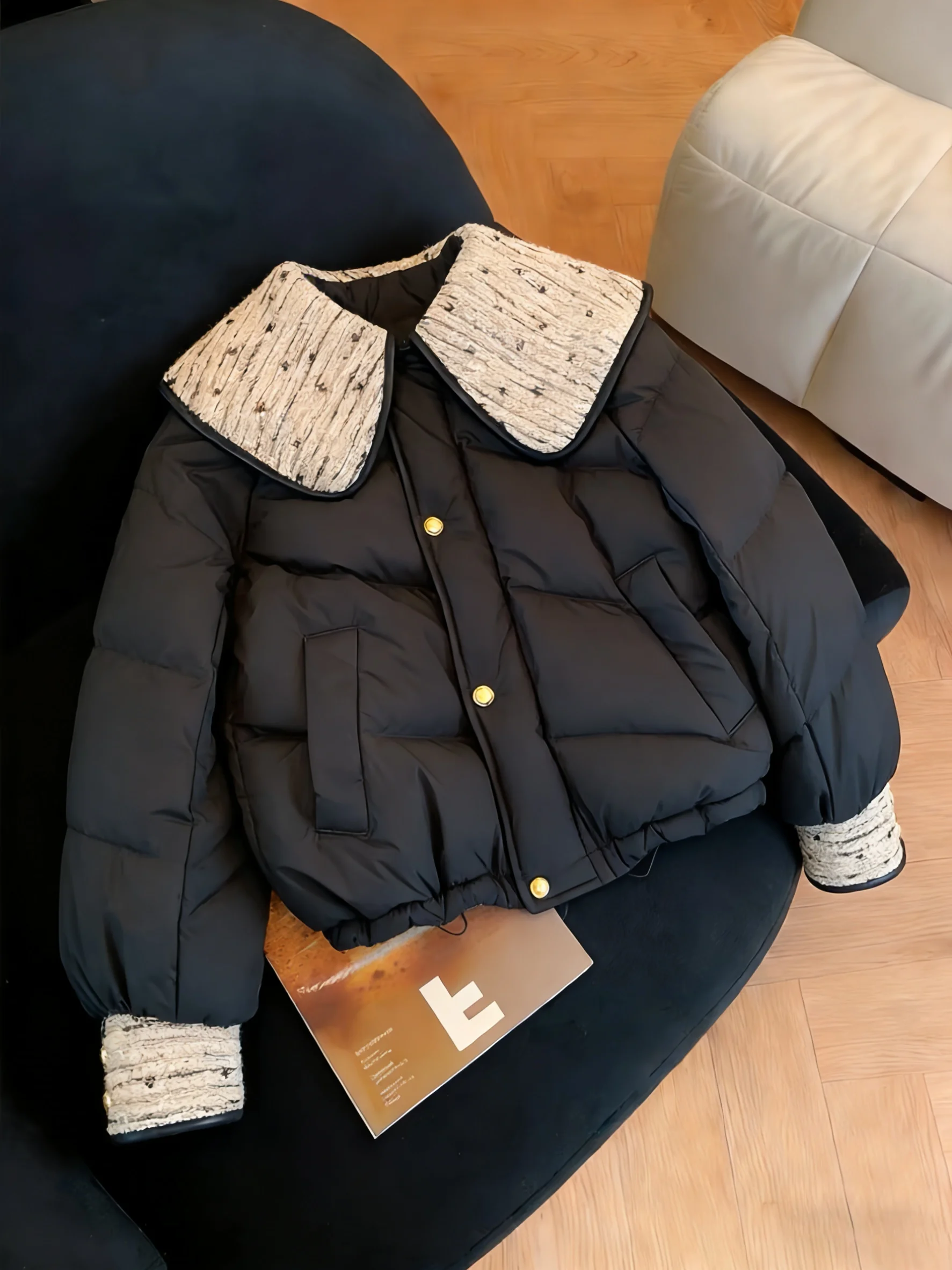 

Korean Sle Retro Chic Color Blo Cotton Jaet ort Coat Large Collar Women's Warmth Autumn Winter Sweet Small Size