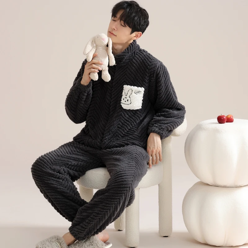 Coral Fleece Men's Winter Pajamas Set Loose Long-sleeves Zipper Sleepwear Thick Warm Men Homewear Man Softness Flannel Pyjamas
