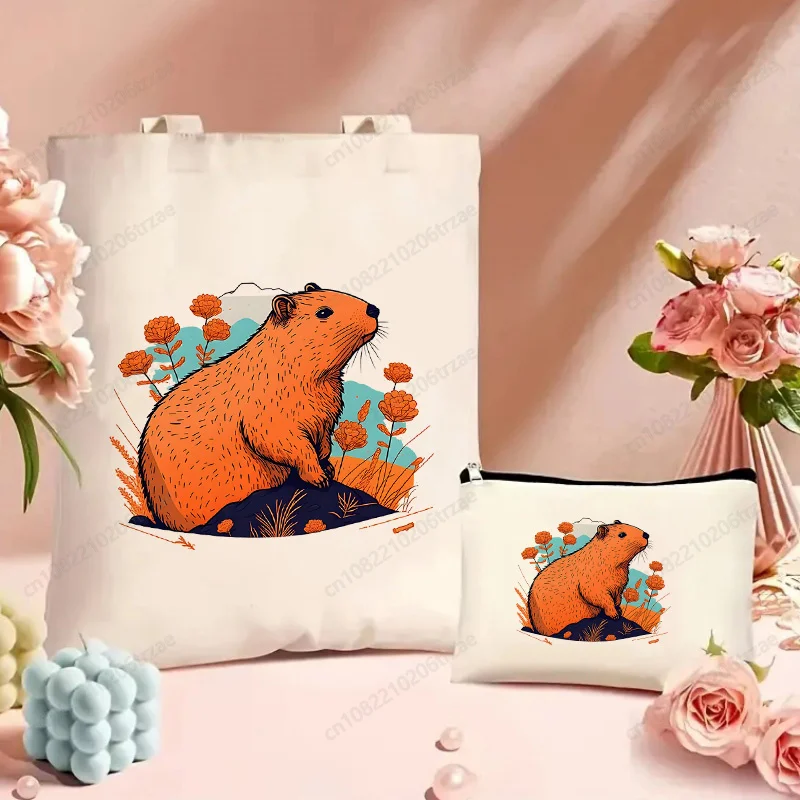 

Capybara Cartoon Print Tote Bag Set, Shoulder Bag for Women, Large Capacity Shopping Bag with Coin Purse Gift for Women's Day