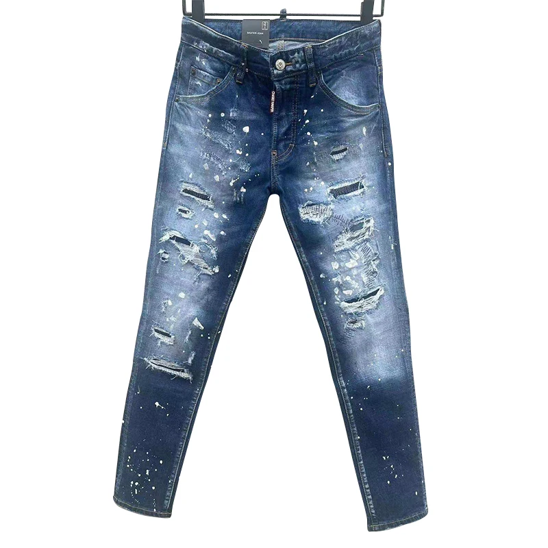 100 chareiharper c067 Men's Jeans Ripped patch Trend Elastic slim small foot pants 100 match men's pants