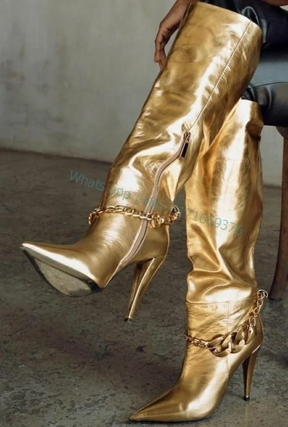 Luxury Gold Metallic Spike Hgh Heel Boots Women Knee High Pointed Toe Party Boots Shiny Dress Sexy Shoes Thin Heel Chain Leather