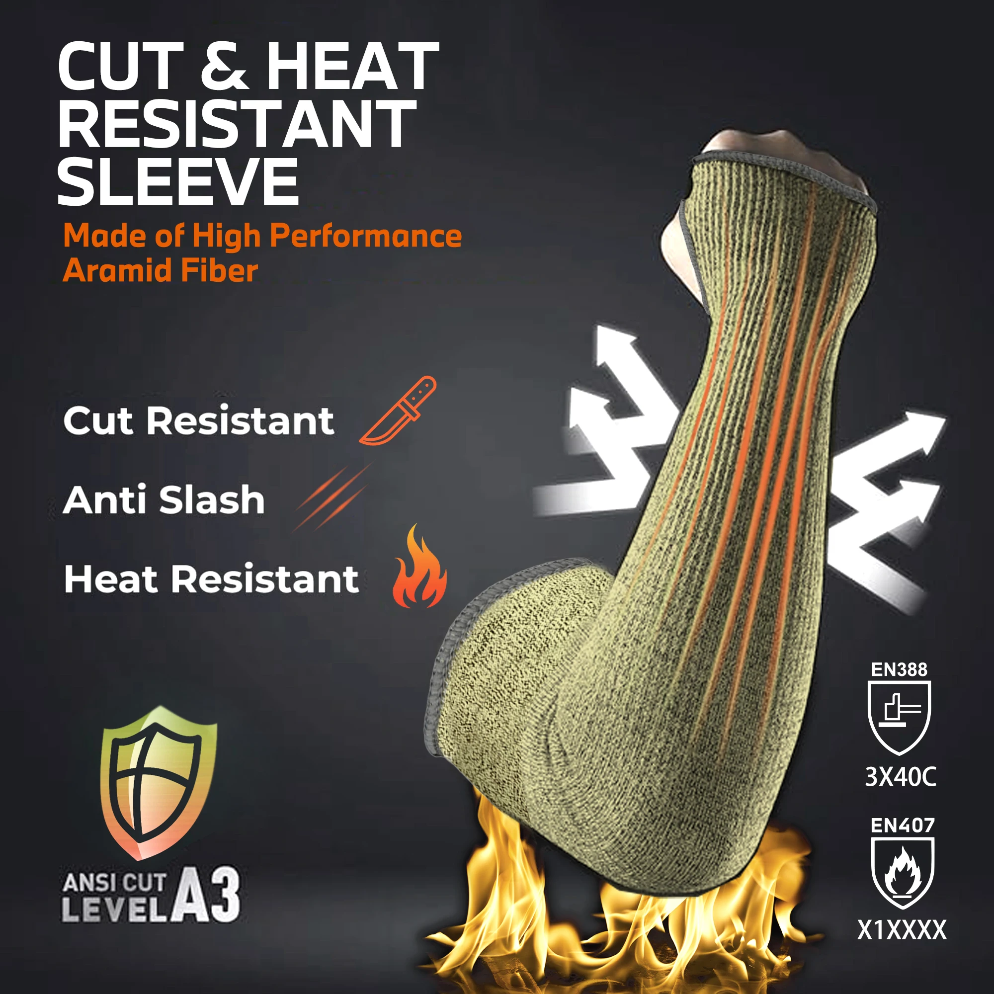 1 pair of 44 cm Kevlar sleeves with thumb hole and glove clip, cut and flame-resistant, suitable for welding, yard work, kitchen