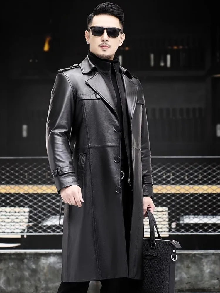 New Autumn Winter Mens Cowhide Genuine Leather Trench Black Punk Outwear Single Breasted Slim Fit Business Casual Men Long Coat