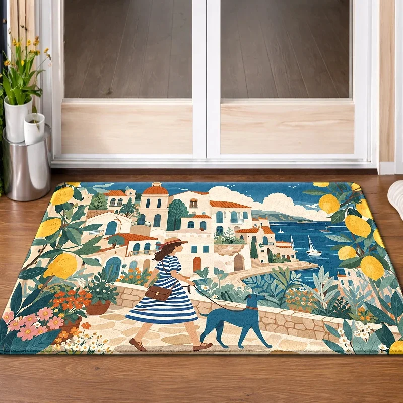 Mediterranean Coastal Town Doormat Lemon Tree Non Slip Rug Seaside Scene Front Door Entry Mat