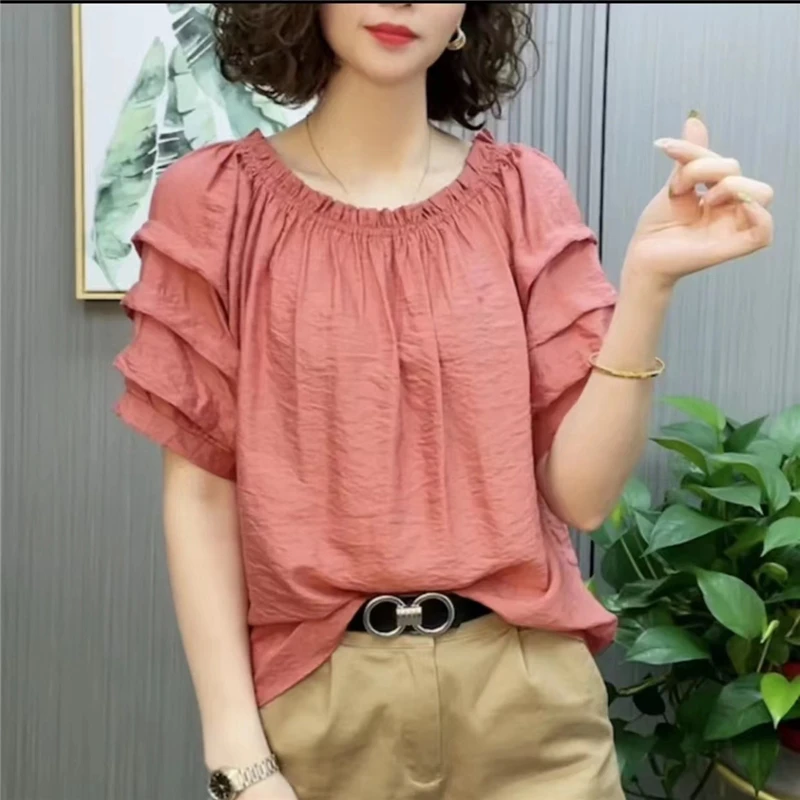 Camisa feminina de manga curta com babados, blusa casual simples, gola redonda, pulôver solto, tops de cor sólida, moda verão