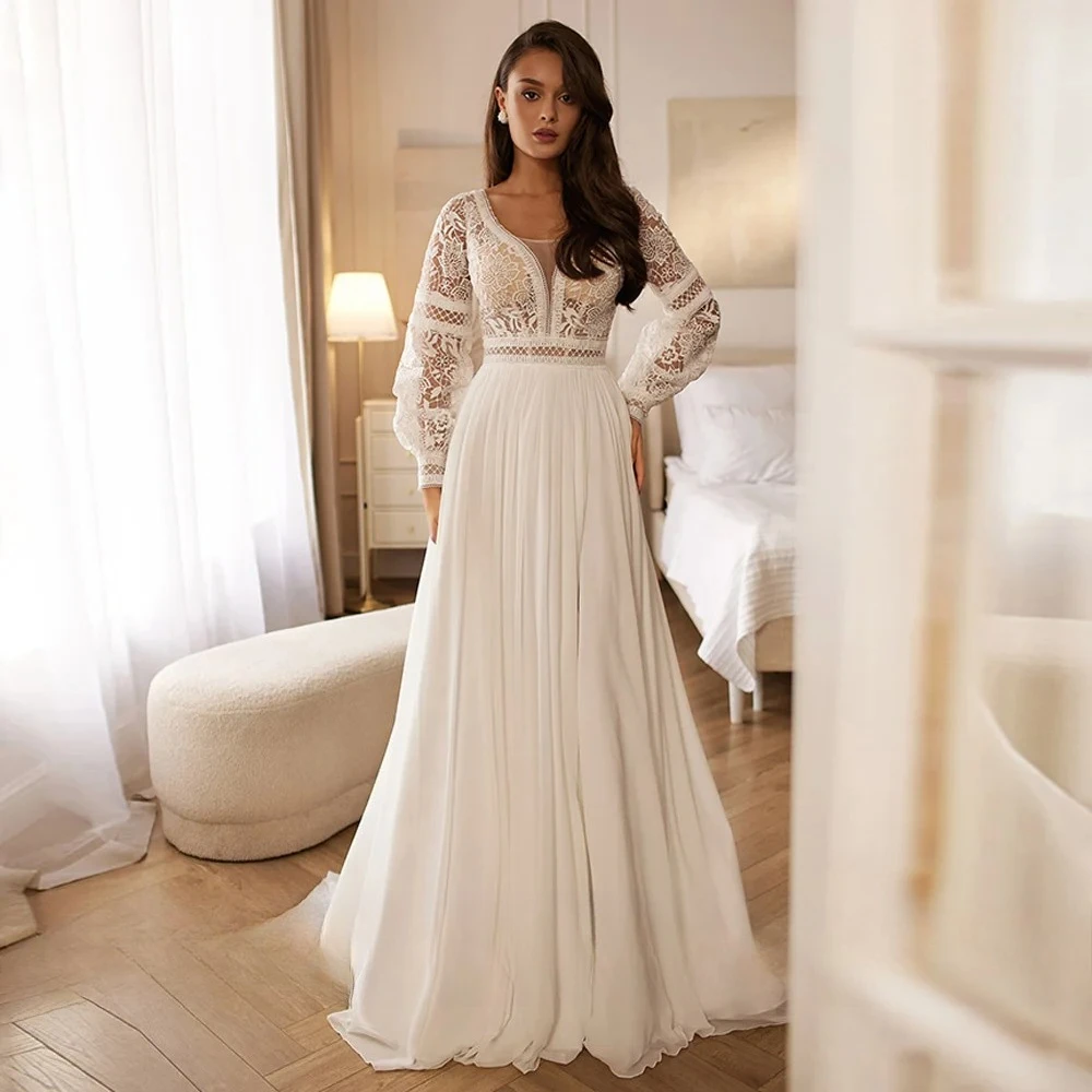 Boho Chiffon Wedding Dresses for Bride Customized Puff Sleeeves V Neck Lace  A Line Sweep Train Bridal Gown vestido de novia