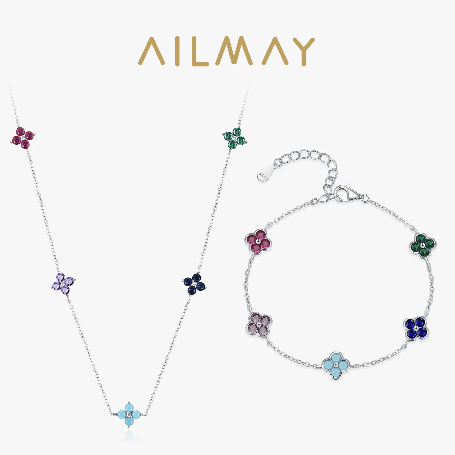 

Ailmay 925 Sterling Silver Vintage Colorful Zircon Clover Jewelry Set Bracelet Necklace for Women Luxury Party Fashion Jewelry