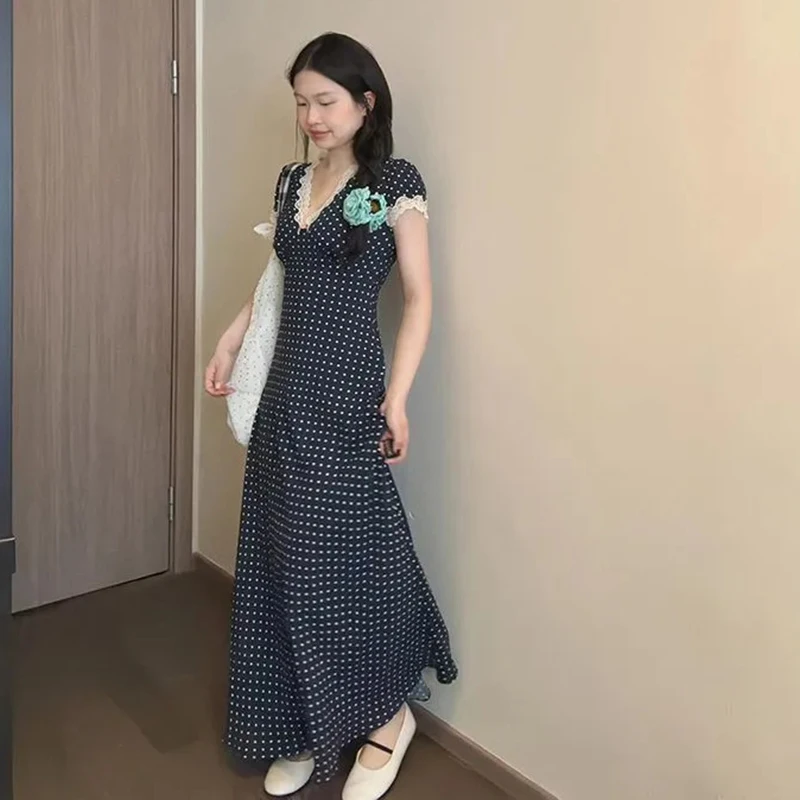 

French Retro Lace Patchwork Maxi Dress Polka Dot Sweet Slim Short Sleeve Dress V Neck Preppy Style Summer Beach Party Vestidos