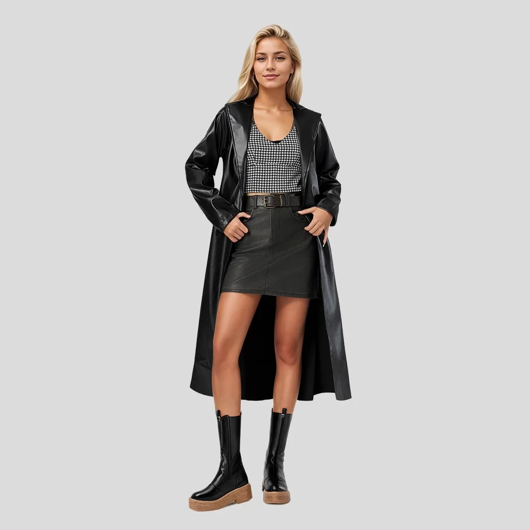 Women Trench Coat Faux Leather Lapel Pu Coats Y2k Streetwear Mid Length Full Sleeve Jacket Work Lace Up High Street Outerwear