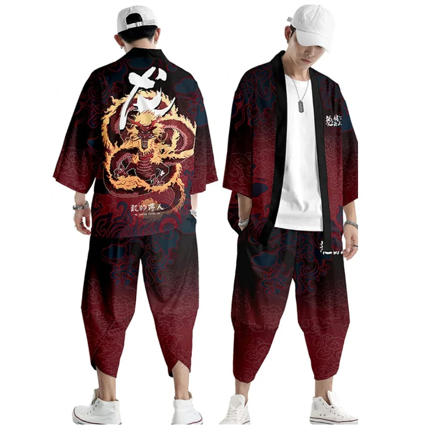 

XXS-6XL Dragon Printing Japanese Style Fashion Kimono And Pants Set Men Cardigan Blouse Haori Obi Asian Clothes