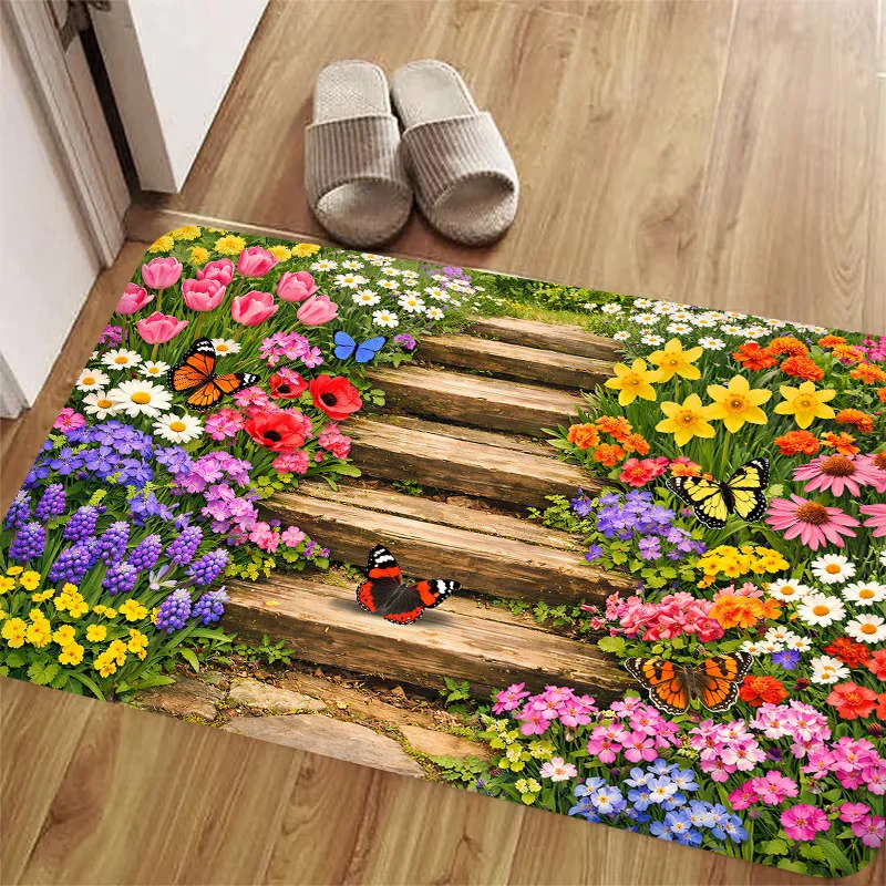 Tapis d'entrée de jardin coloré avec fleurs sauvages et papillons, tapis de sol en bois, décoration naturelle pour l'entrée de la porte d'entrée