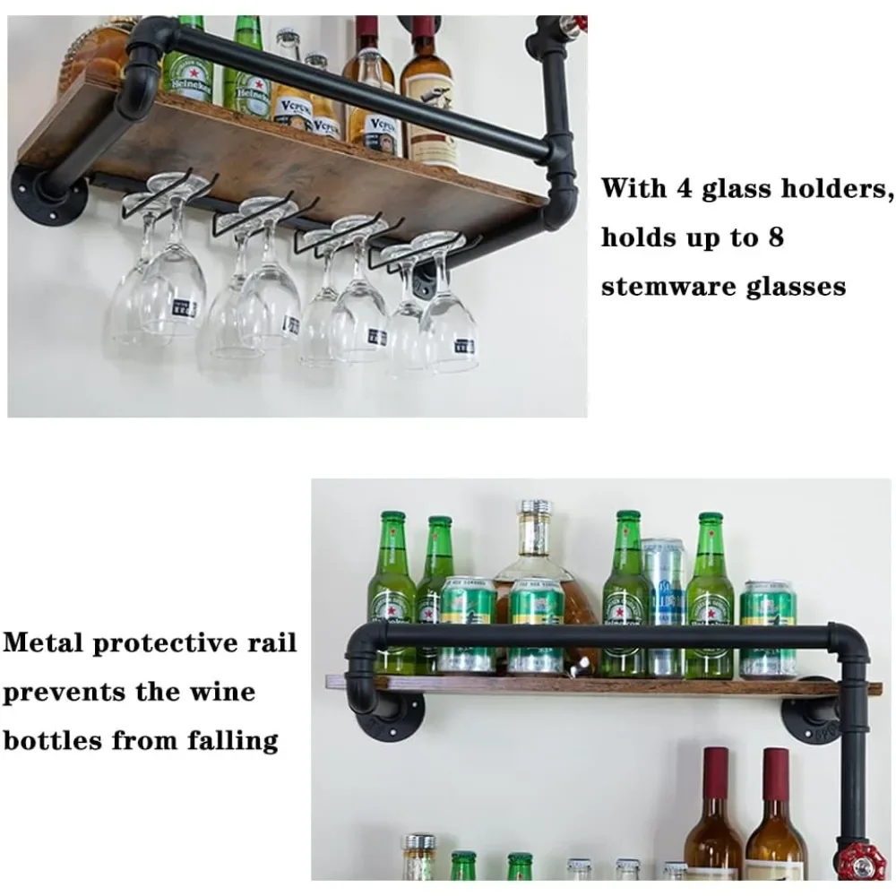 Wine Rack Wall Mounted 2 Tier - Hanging Floating Mini Bar Liquor Shelves with Glass Holder Storage