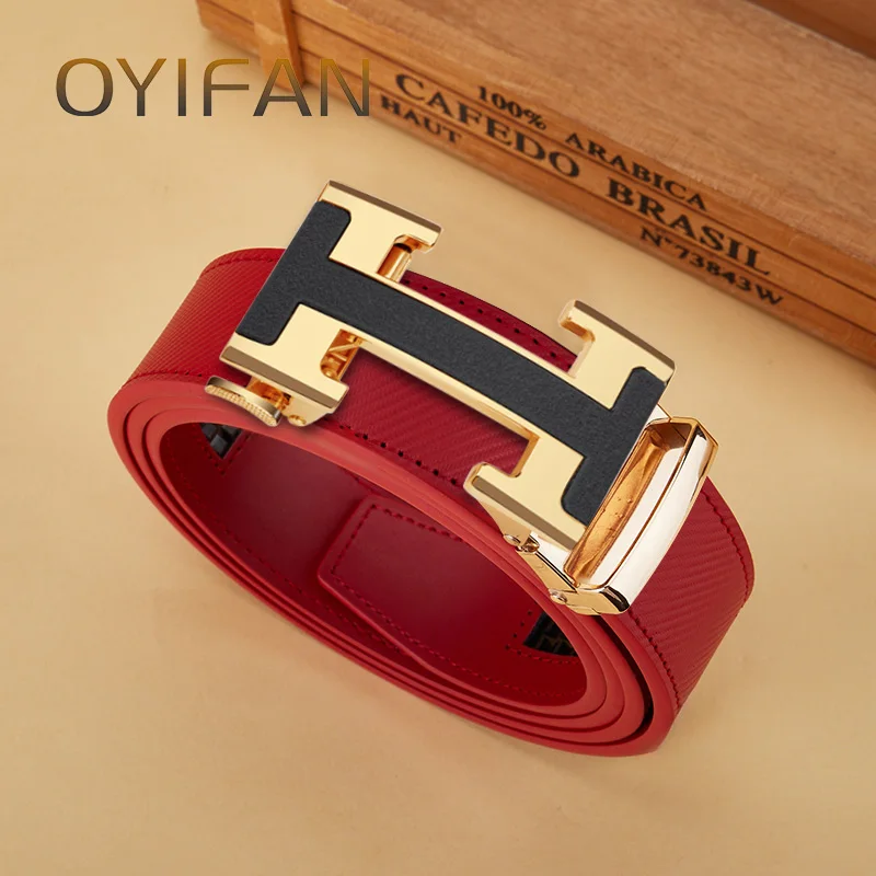 H Shape Alloy Automatic Buckle Red Belt, High-end Business, Suitable for Business and Casual Wear Universal Cow Leather Belt