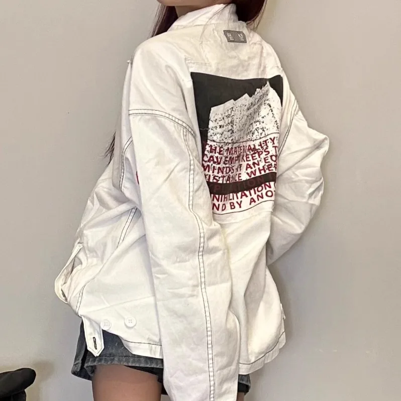 

CAVEMPT White Collar Zipper Denim irt ex Loose Fit Autumn Winter Cotton Long Sve Commute Sle Faionable Trendy Brand