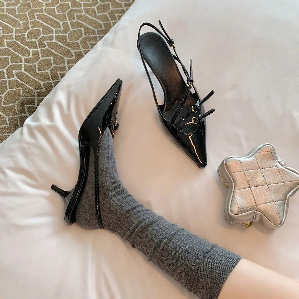 

2025 Spring Summer New Women's Sandals Pointed Toe Stiletto Belt Buckle Back Strap High Heels Commuter Dinner Dress Lady Shoes