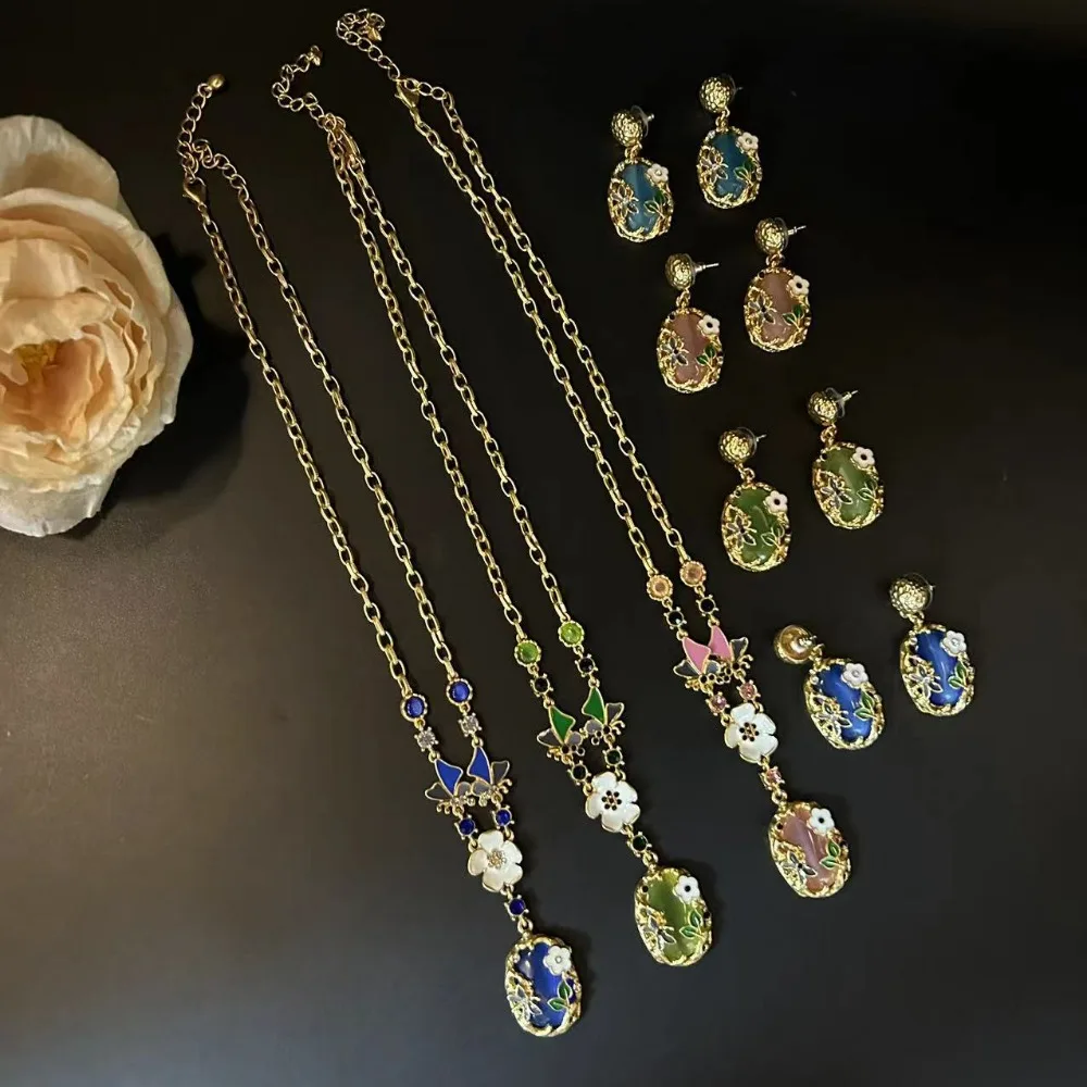 

New Chinese Style Enamel Flower, Bee, Cat Eye Stone Pendant Necklace Earrings Statement Fresh and Sweet Jewelry Set