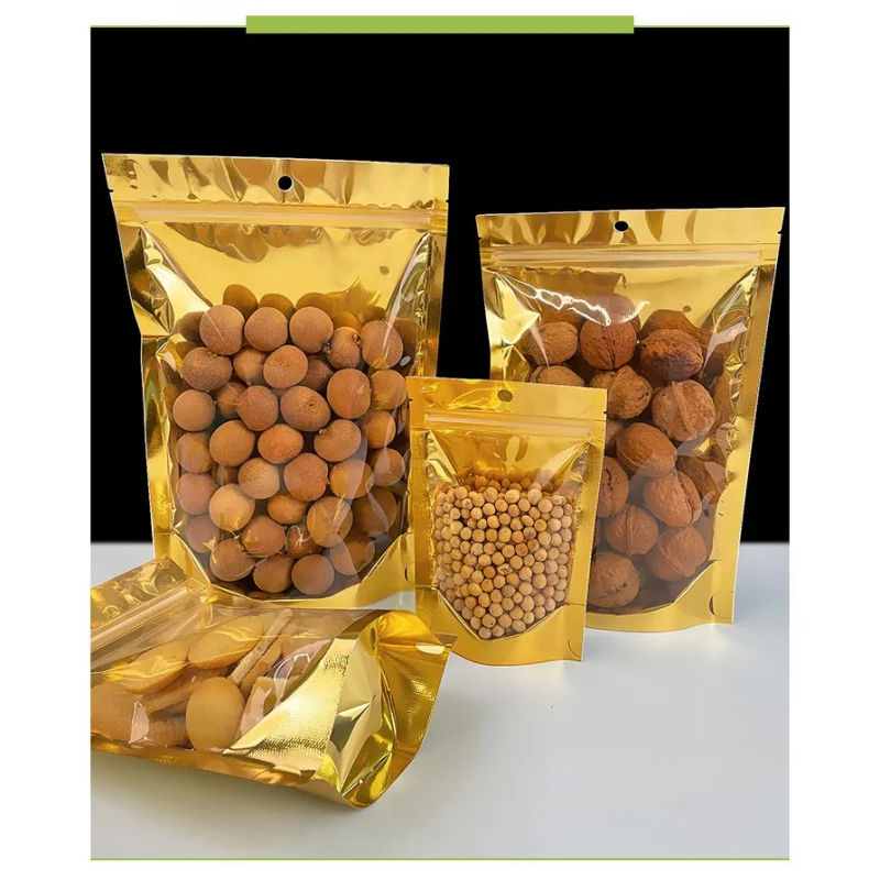 100 قطعة من رقائق الألومنيوم الذهبية مع فتحة تعليق للمكسرات والوجبات الخفيفة والمواعيد الحمراء وحقيبة التعبئة والتغليف القابلة للغلق بسحاب