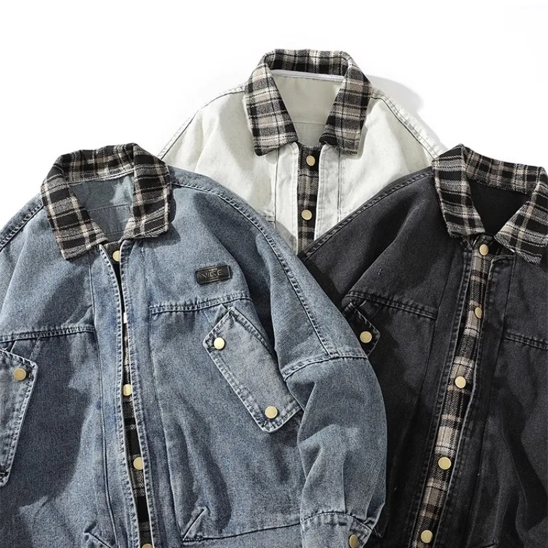 

Y2K collar fake two piece checkered denim jacket American retro washed high-quality denim cloth button tops casual shirts jacket