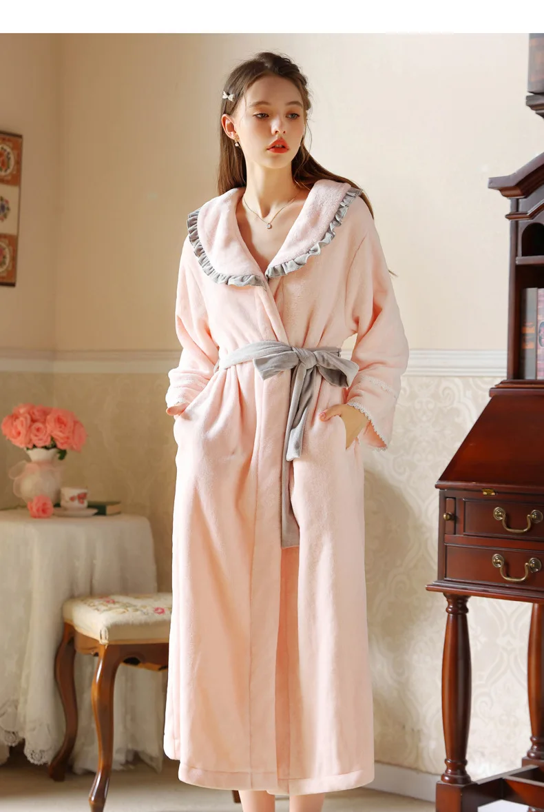 Autumn Winter Ladies Nightgown Warm Double Faced Velvet Long Style Women\'s Flannel Bathrobe Thickening Kimono