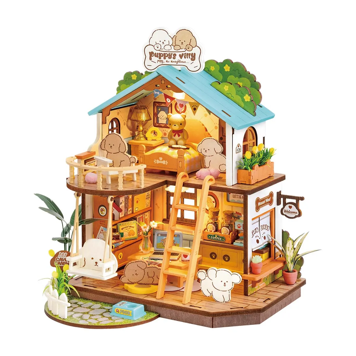 Robotime Rolife DIY Puppy's Cozy Villa House Miniature ชุดสําหรับเด็กและครอบครัวใหม่ปริศนาไม้ชุดตกแต่งบ้าน