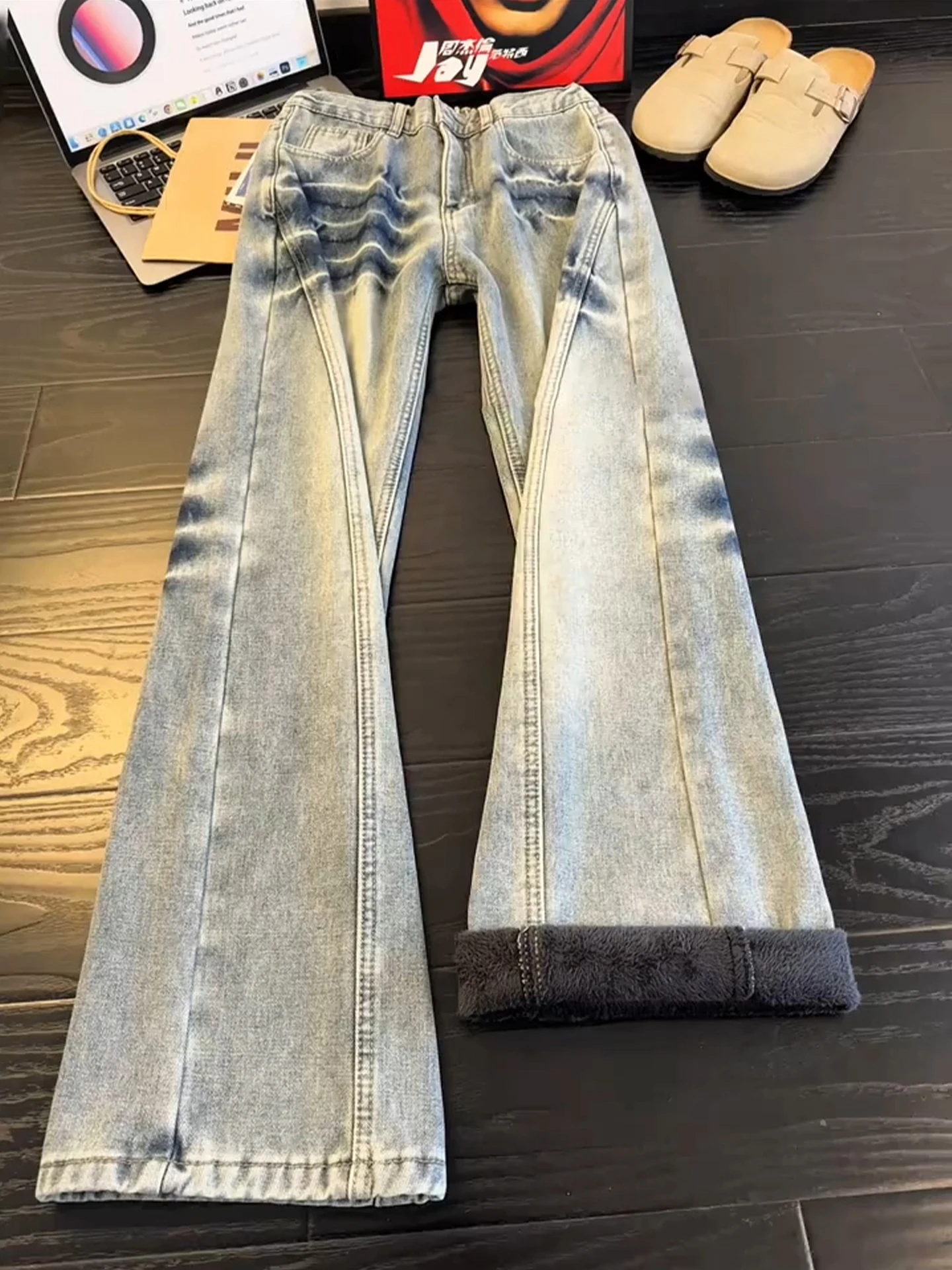 

Cleanfit Lightning Pattern Cra Slant Cut Denim Jeans Men's Fce Lined Thiened Warm Straight Leg American Micro Flared P...