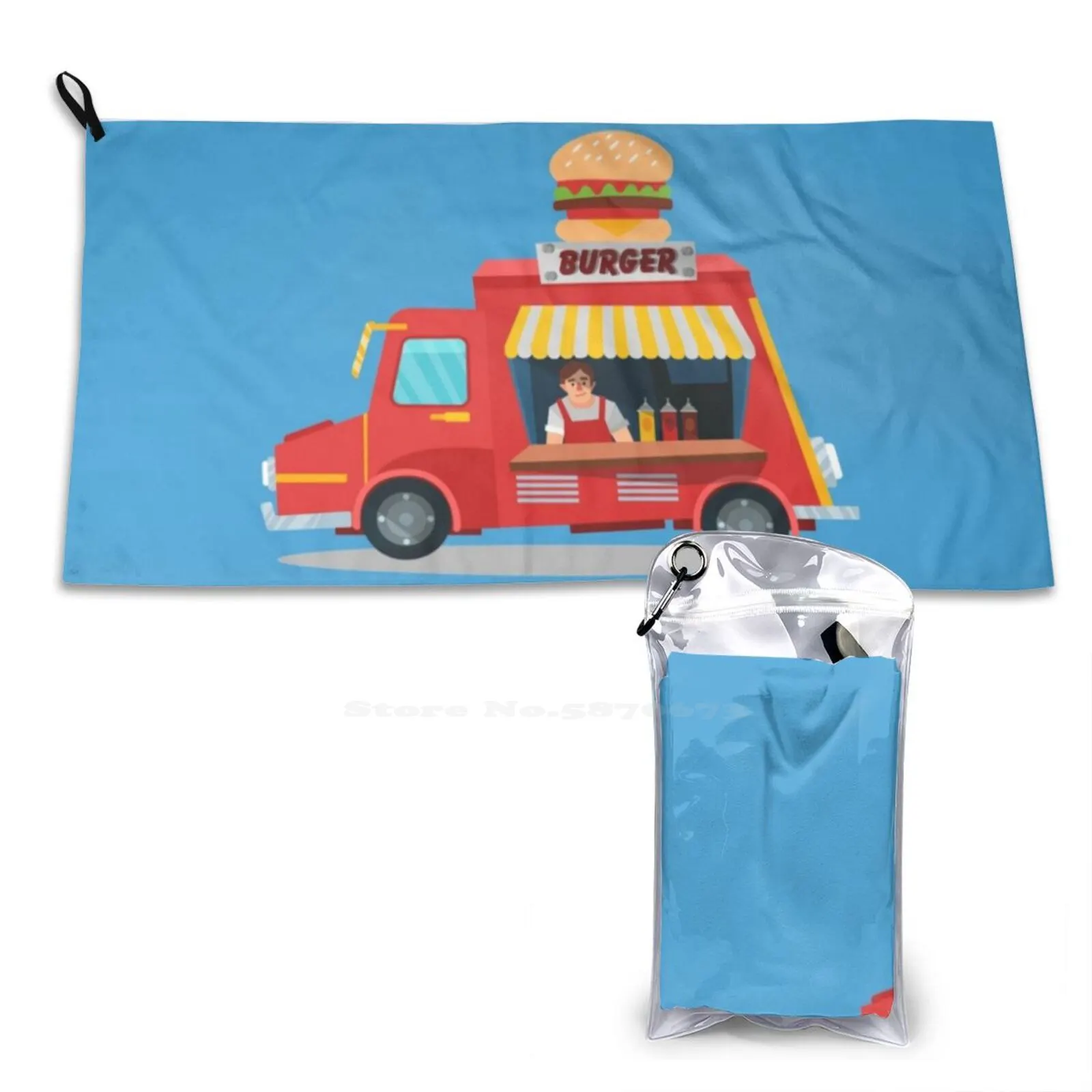 Street Food Concept With Burger Food Truck And Seller Quick Dry Beach Towel Microfiber Bath Towels Food Burger Seller Shop