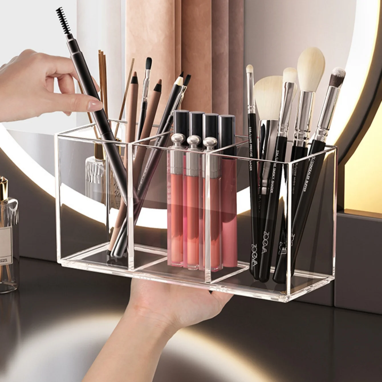 Aufbewahrungsbox für Make-up-Pinsel mit 1/2/3 Fächern, transparentes Acryl, Lippenstift, Augenbrauenstift, Make-up-Aufbewahrung im Desktop-Spiegelschrank
