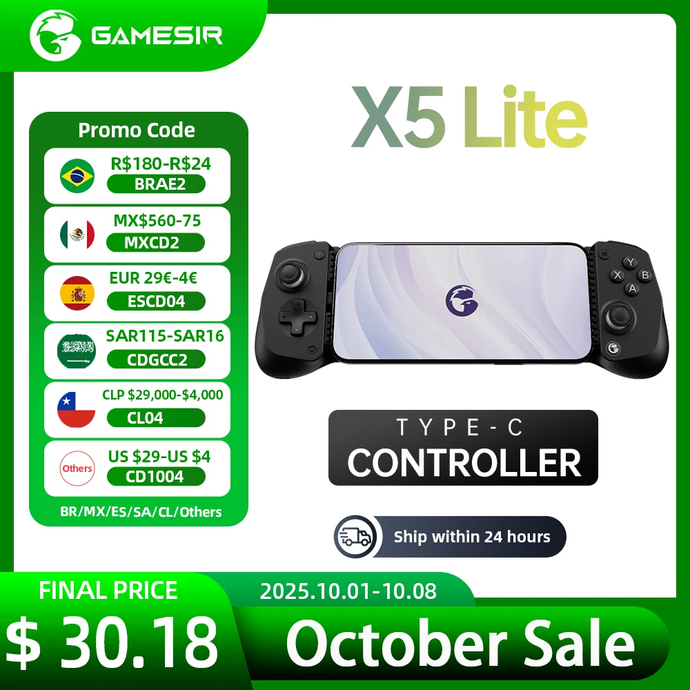 GameSir X5 Lite Type-C Android Ios Mobile Gaming Controller Mando para Móvil Gamepad Movable Type-C Port Swappable Silicone Pad