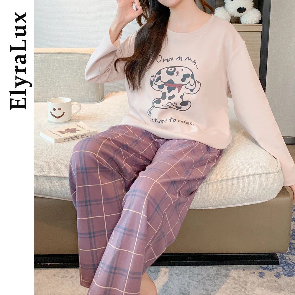 

ElyraLux Cotton Sleepwear Women's Pajama Long Sleeve Pants Round Neck Pijama Autumn Spring Loungewear Woman Home Clothes
