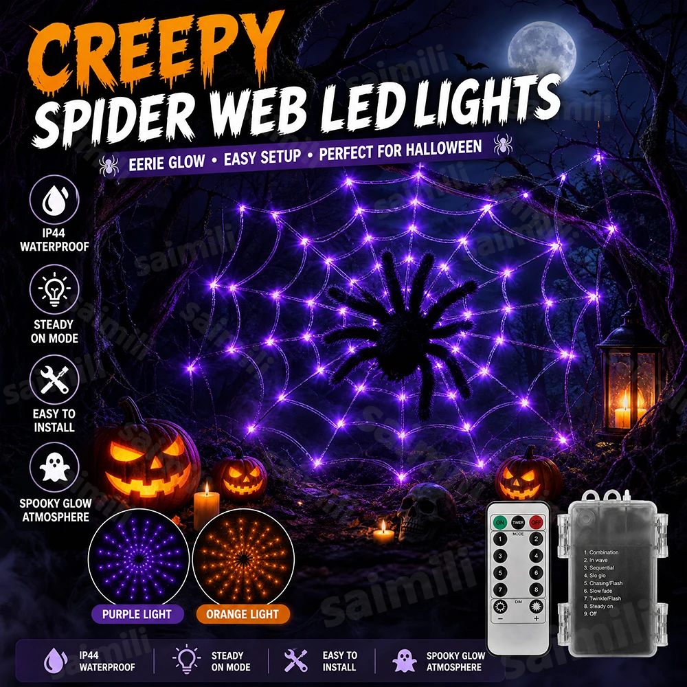 Halloween Spider Web LED Fairy Lights 8 Modes Long Lasting Battery Lamp For Ghost Festival Home Holiday Party Scene Layout