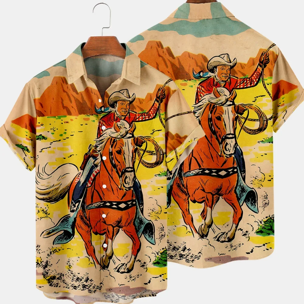 Cowboy Summer Men's Hawaiian Shirt Cool 3D Digital Print Plus Size Western America Men's Top With Pocket Vintage Style Outerwear