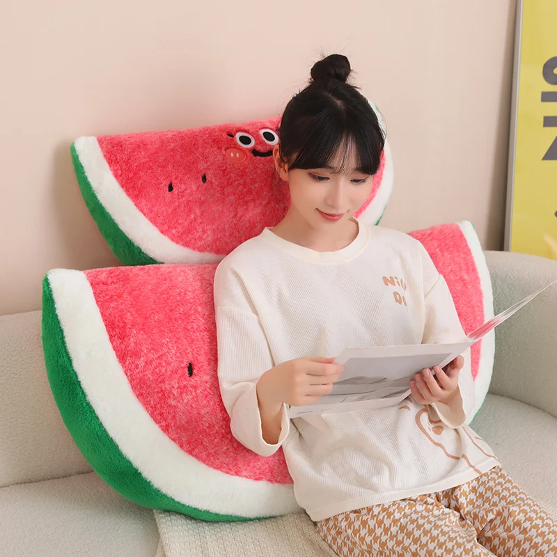 Almohada de felpa semicircular de 45cm con rebanada de sandía, cojín de fruta roja rellena, cara divertida, Plushie, soporte para la espalda, sofá, silla, regalo de decoración