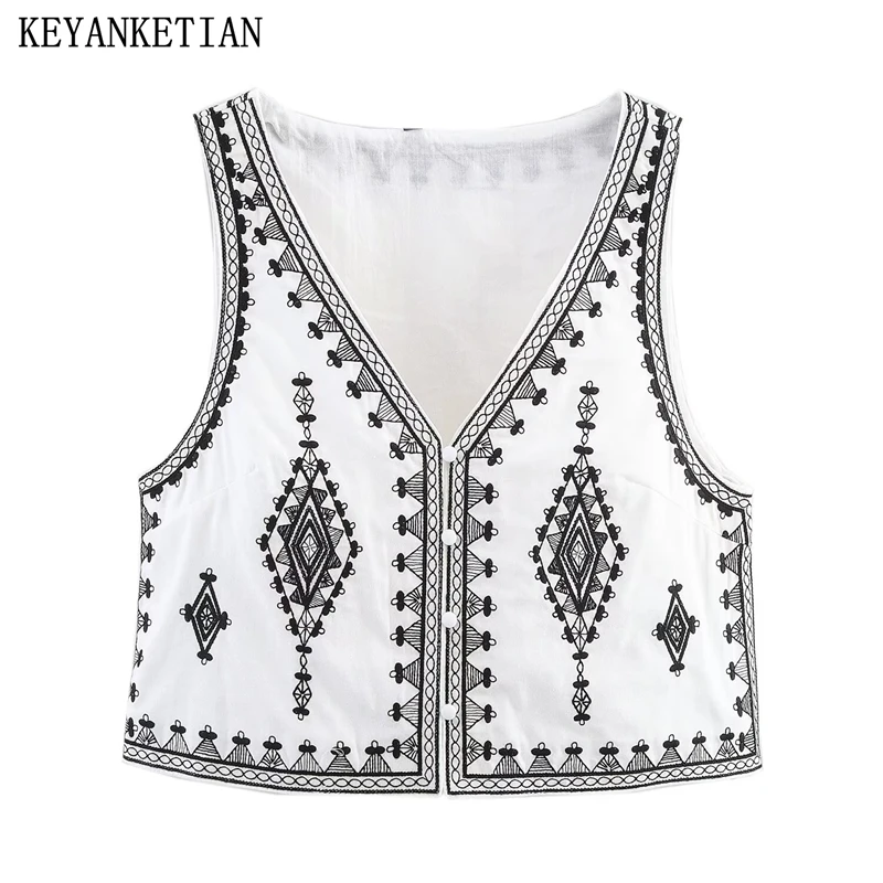 

KEYANKETIAN Summer New Women's Embroidery Waistcoat Vest Retro style V-Neck Single Breasted Sleeveless Crop Top Thin Camisole