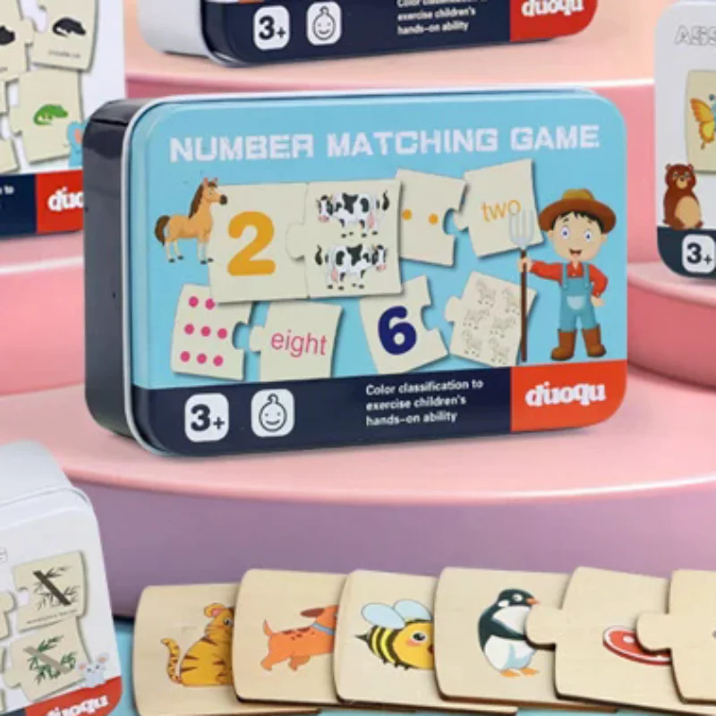 Scatola di ferro per bambini Numero Illuminazione accoppiato Cibo per animali in legno Puzzle Board Gioco di allenamento per pensiero logico Giocattoli educativi