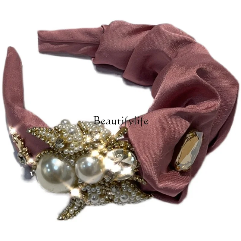 European and American Heavy Industry Rhinestone Pearl Headband Women's Pleated Wide-Brimmed Thickened Headband