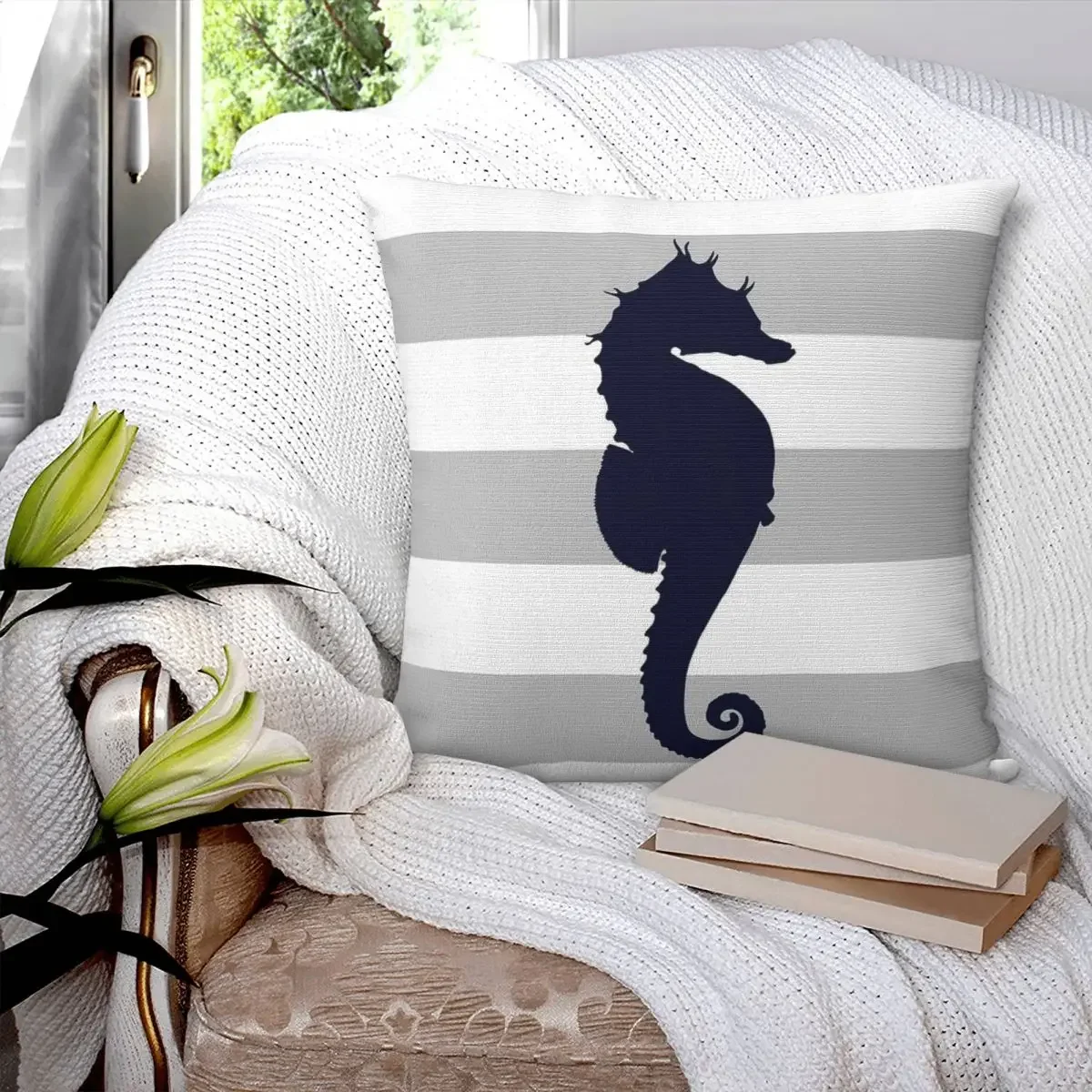 Nautical Navy Blue Ship's Steering Wheel On Red Stripes Pillowcase Cushion Comfort Throw Pillow Sofa Decorative Cushions Used