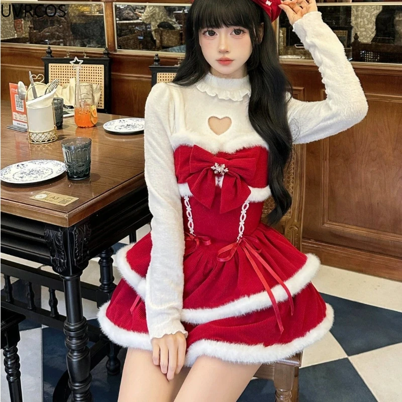 Japanese Kawaii Lolita Dress Sets Women Hooded Shawl Short Jackets Bow Mini Skirt Korean Style Sweet Red Christmas New Year Suit