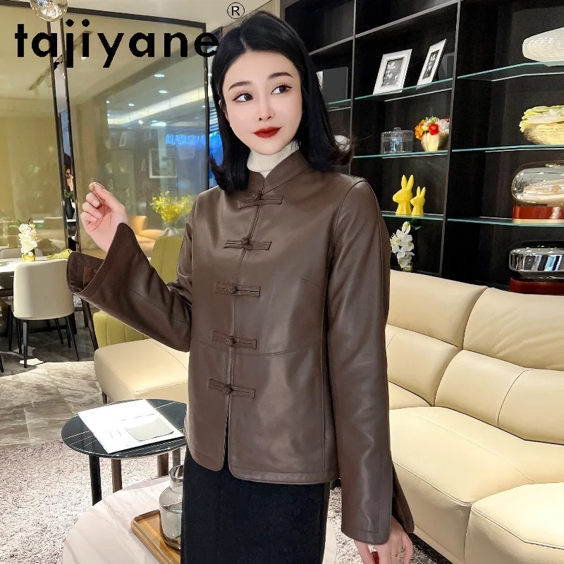 TAJIYANE Genuine Leather Jacket Woman Flare Sleeve Outerwear Slim Fit Sheepskin Leather Coat Retro Tang‑Button Jackets for Woman