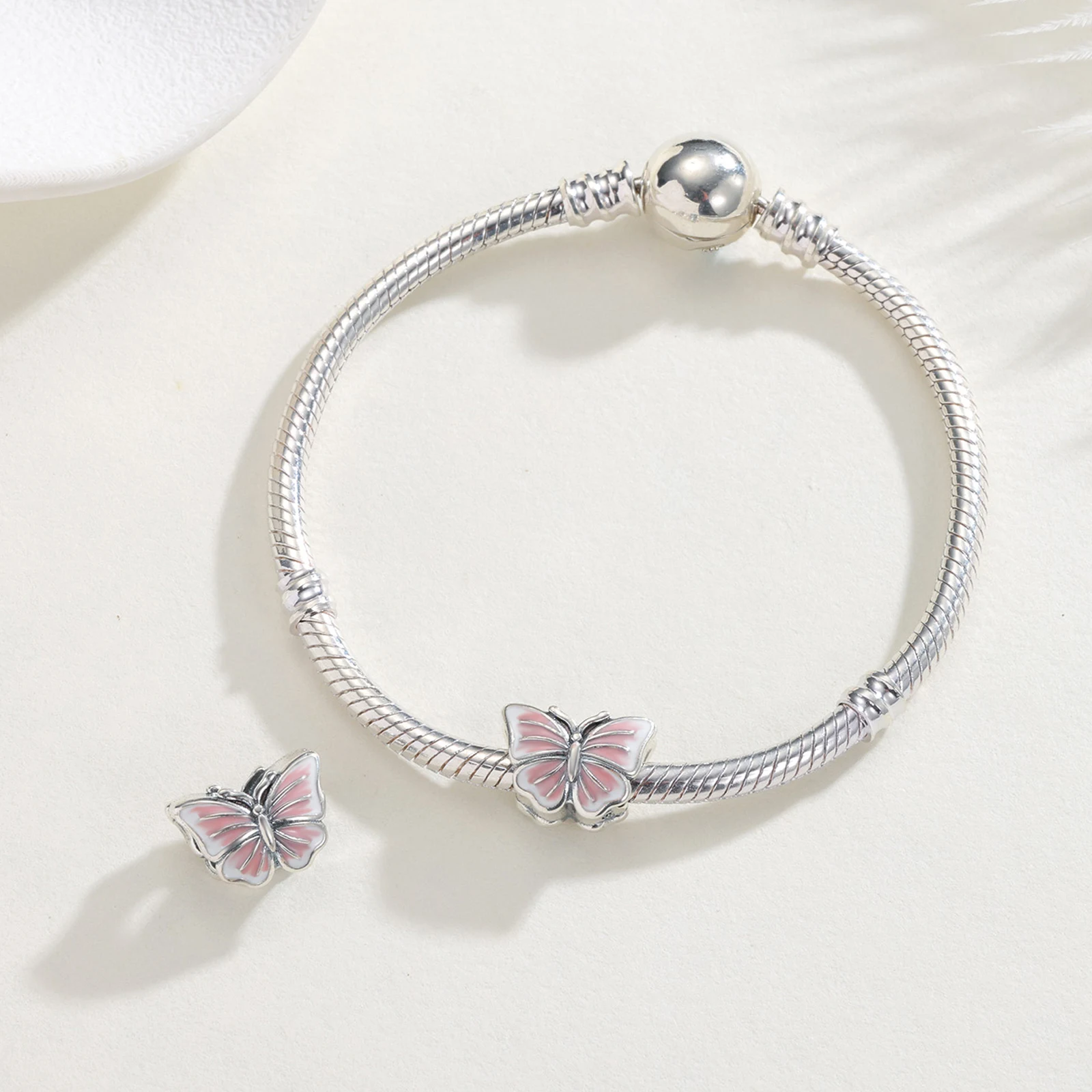 925 Sterling Silver Plated Bead Pink Cherry Blossom Collection Charm Fit Women Snake Chain Charm Bracelet Women Diy Jewelry Gift