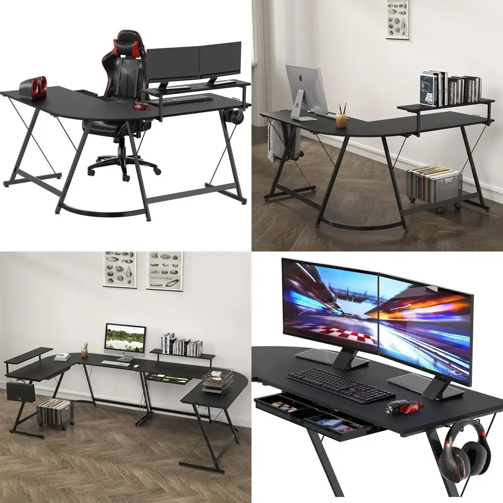 

Black 51 L-Shaped Desk with Monitor Stand and Drawer, Spacious Workspace