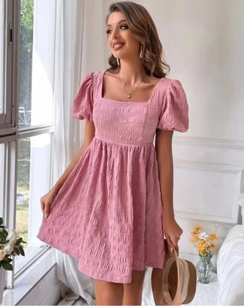 

Fashion Pink Vintage Dresses Square Collar Princess Mini Dress 2023 Summer Puff Sleeve Women's Clothes Elegant Outfits Beachwear