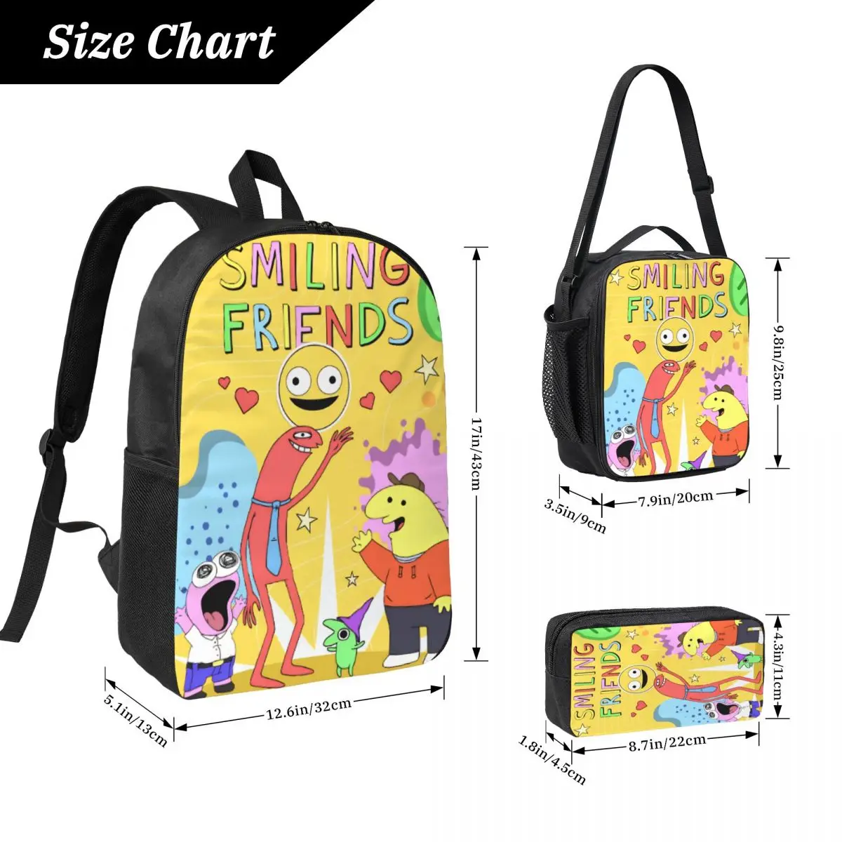 3Pcs Smiling Friends Pim And Charlie Backpack Set for Boy Girl Pen Bags Bookbag Sets with Lunch Box For School Students Knapsack