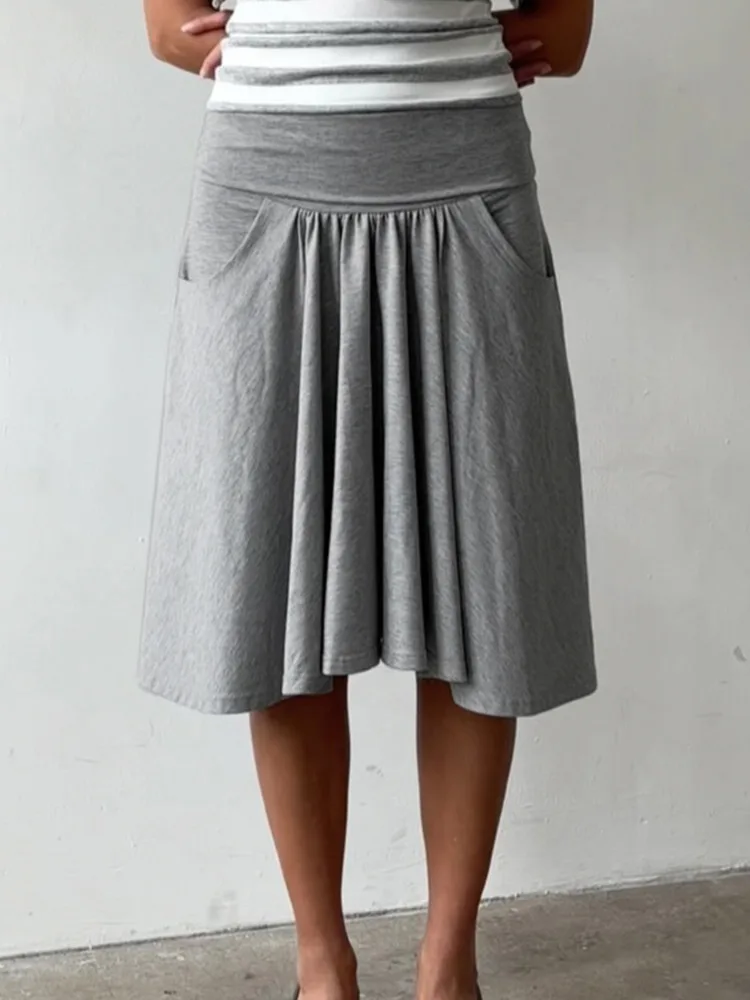 Absobe Women Irregular Pleated Midi Skirt Solid Color Low-waist Pockets Loose Casual Minimalist Long Skirt Street Daily Outfit